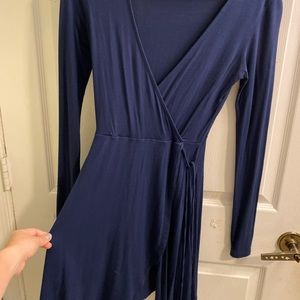 Long sleeve navy blue deep v dress
